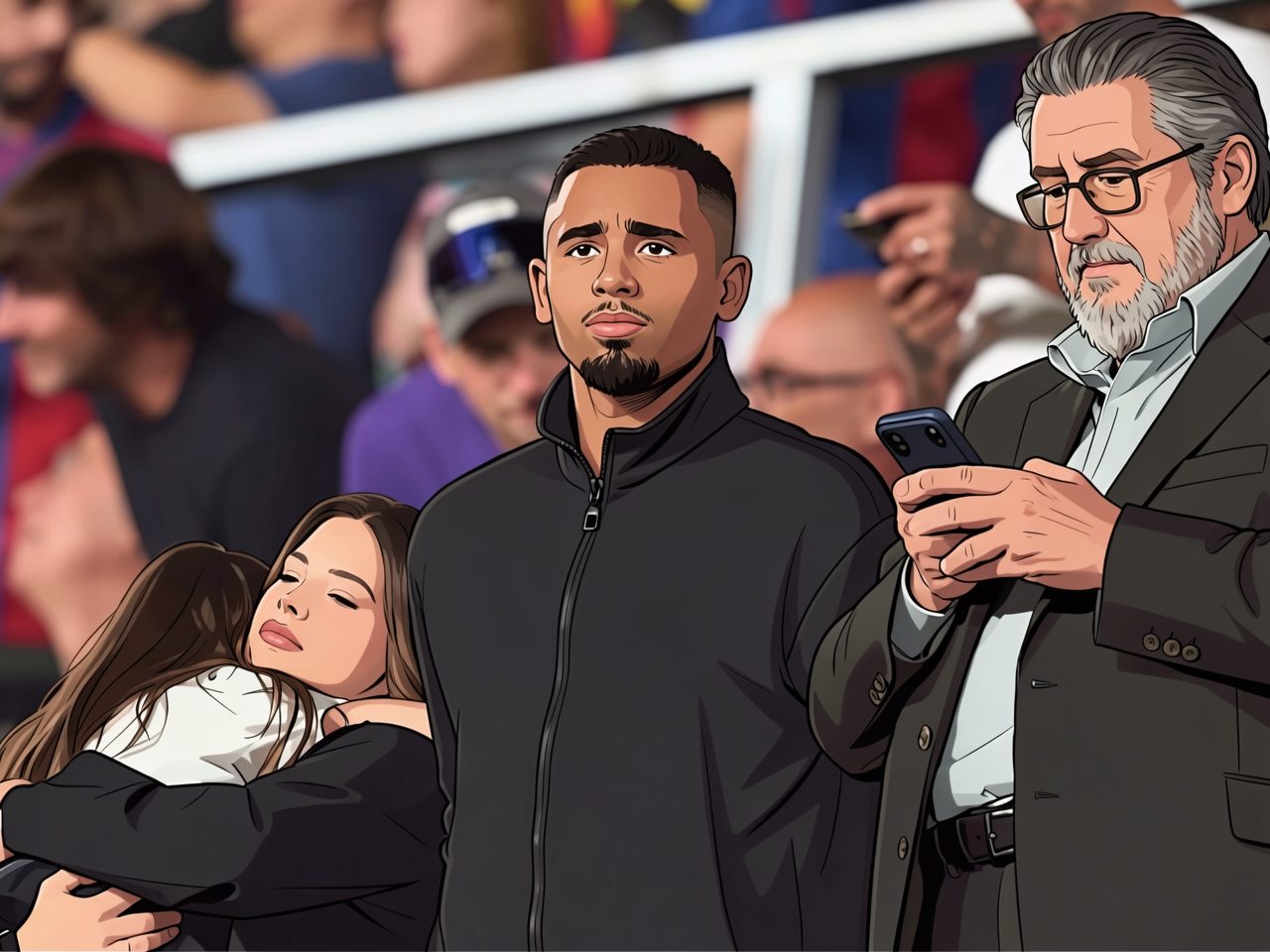 Gabriel Jesus in a black jacket stands beside a man in a suit while a woman hugs someone on the left