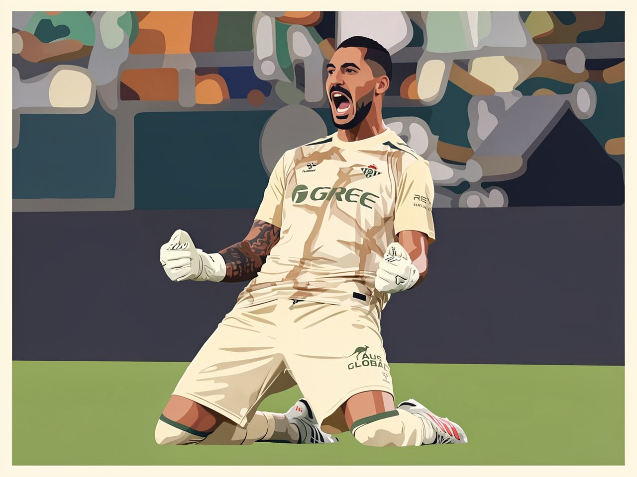 A goalkeeper in beige kneels on the pitch celebrating, fists clenched and mouth open