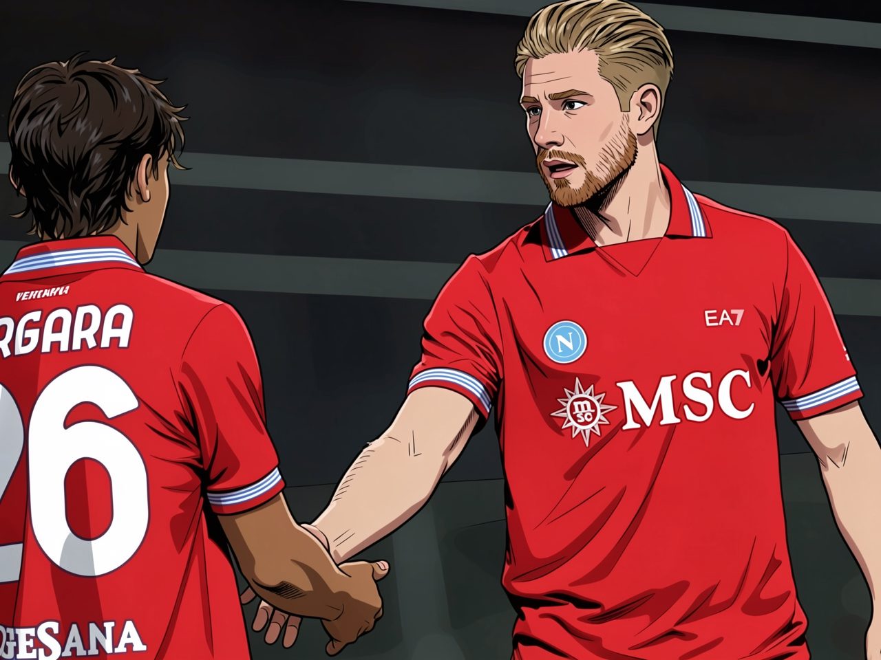 Two Napoli players in red shirts shake hands