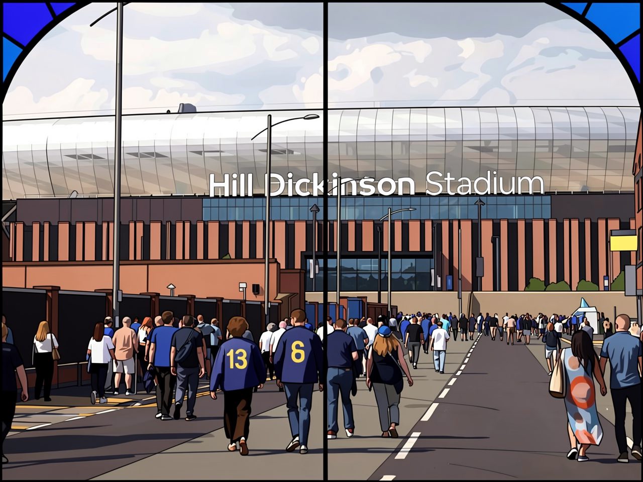 Crowds of fans in blue shirts walk toward Hill Dickinson Stadium under an arch