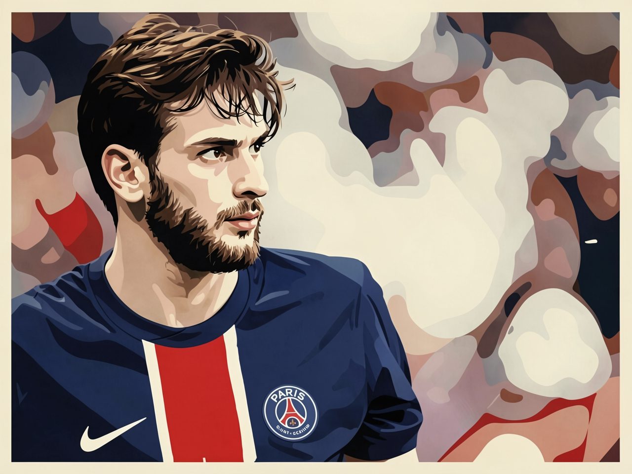 A midfielder in a blue PSG kit with a red stripe stands against an abstract background