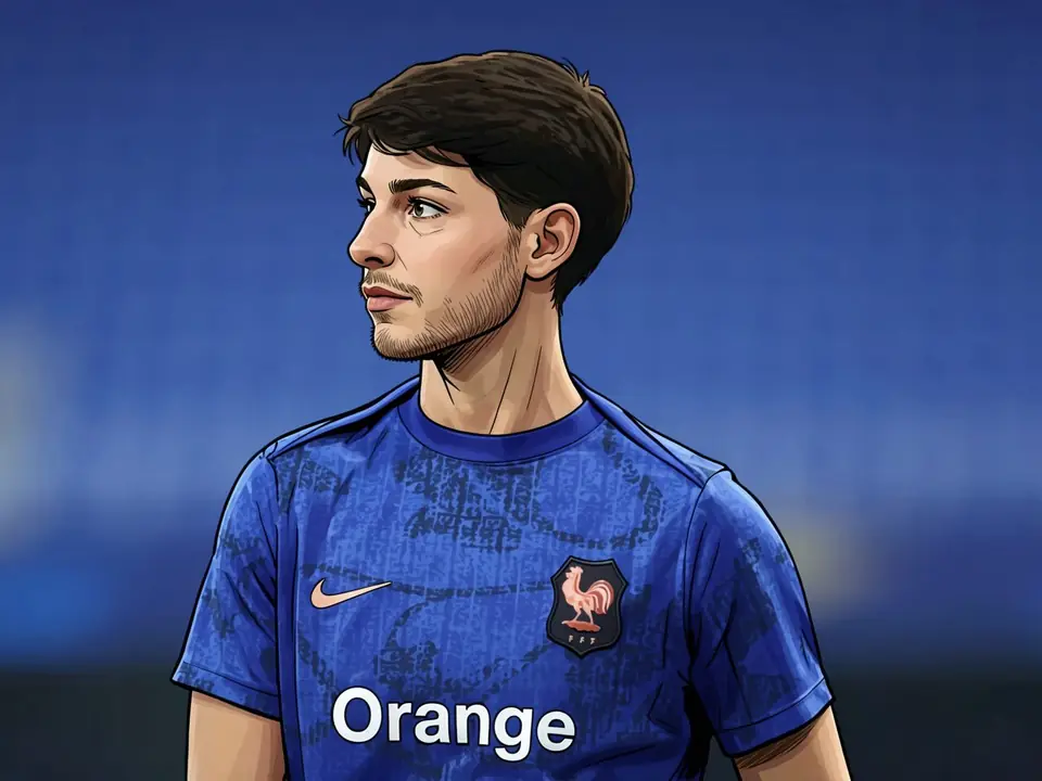 Männlicher Fußballspieler in blauem Frankreich-Nationalteam-Trikot mit Nike-Logo und Verbandsabzeichen