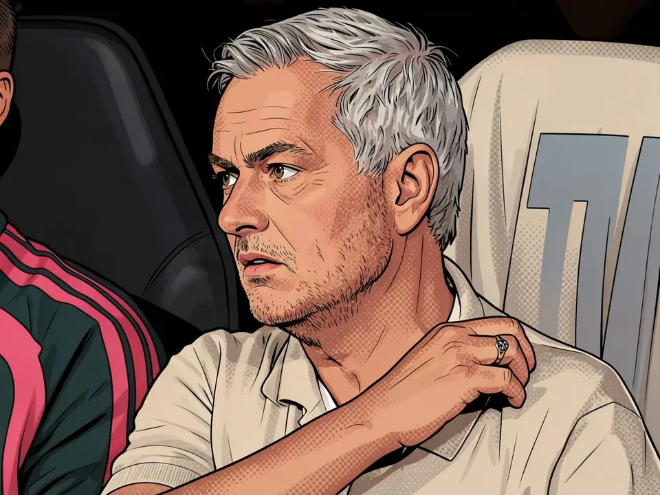 Mourinho sits on the bench in a light shirt, next to a player in red and green kit