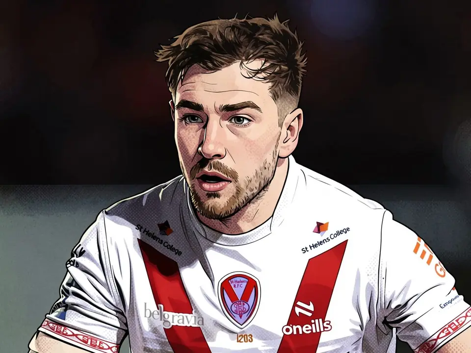 Mark Percival in weißem St Helens-Trikot mit rotem Streifen, Wappen und Sponsoren auf der Brust.
