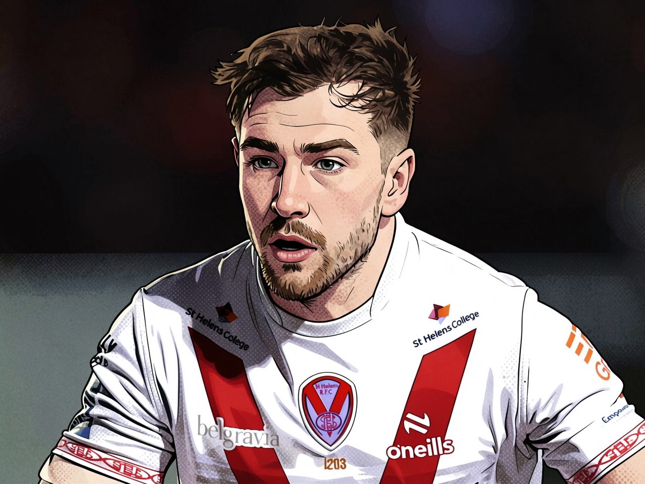 A rugby player in a white shirt with red stripes looks straight ahead, St Helens RFC crest visible
