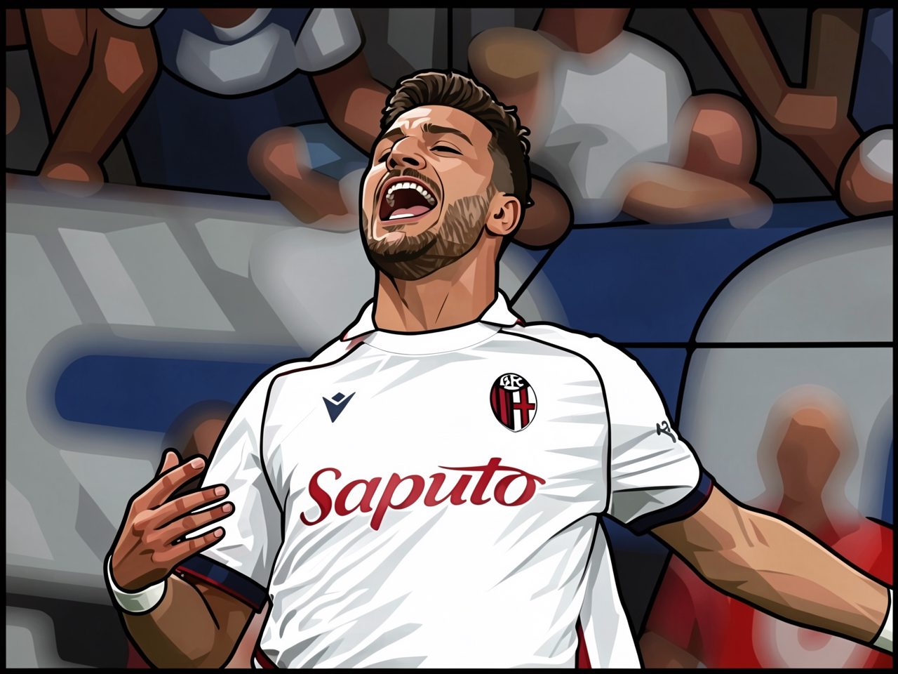 A footballer in a white AC Milan kit with Saputo sponsorship screams in pain, eyes closed and arms spread wide