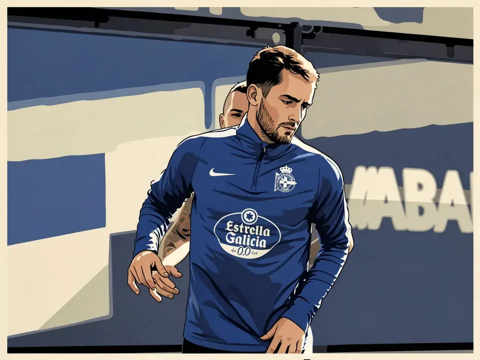 Marc Casado in der blauen Trainingskleidung von Deportivo La Coruña mit dem Estrella Galicia Logo.