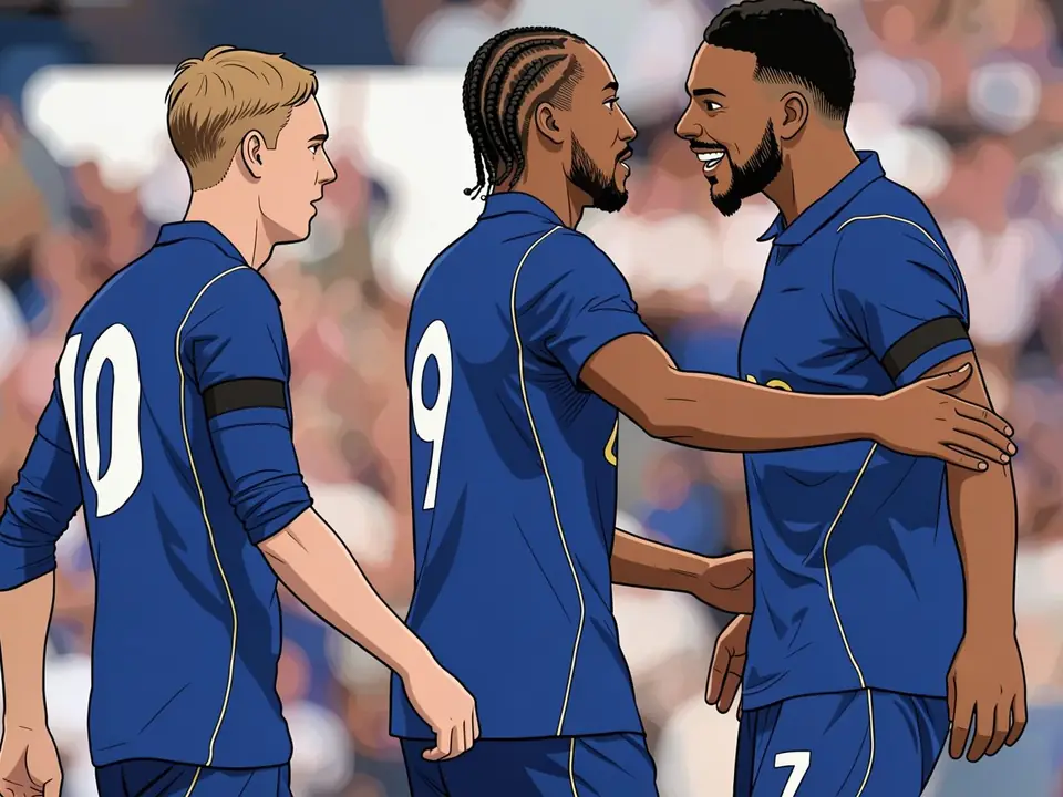Three football players in blue kits with yellow trim celebrate a goal at the stadium