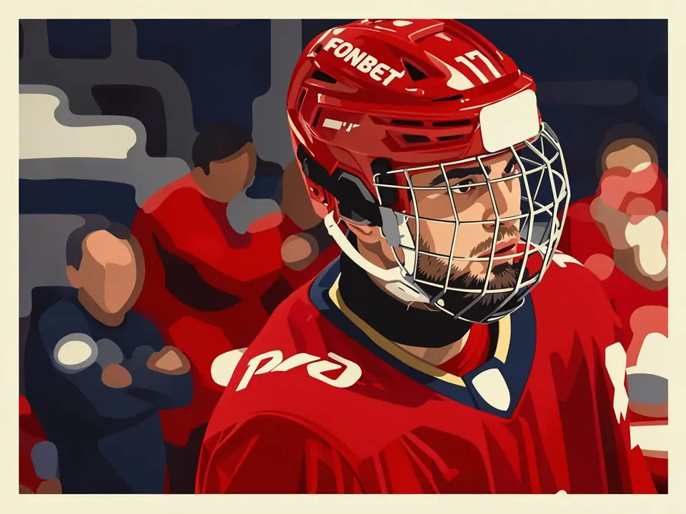 Matvey Kotkov in red Lokomotiv kit with helmet and cage, number 17, teammates blurred behind him