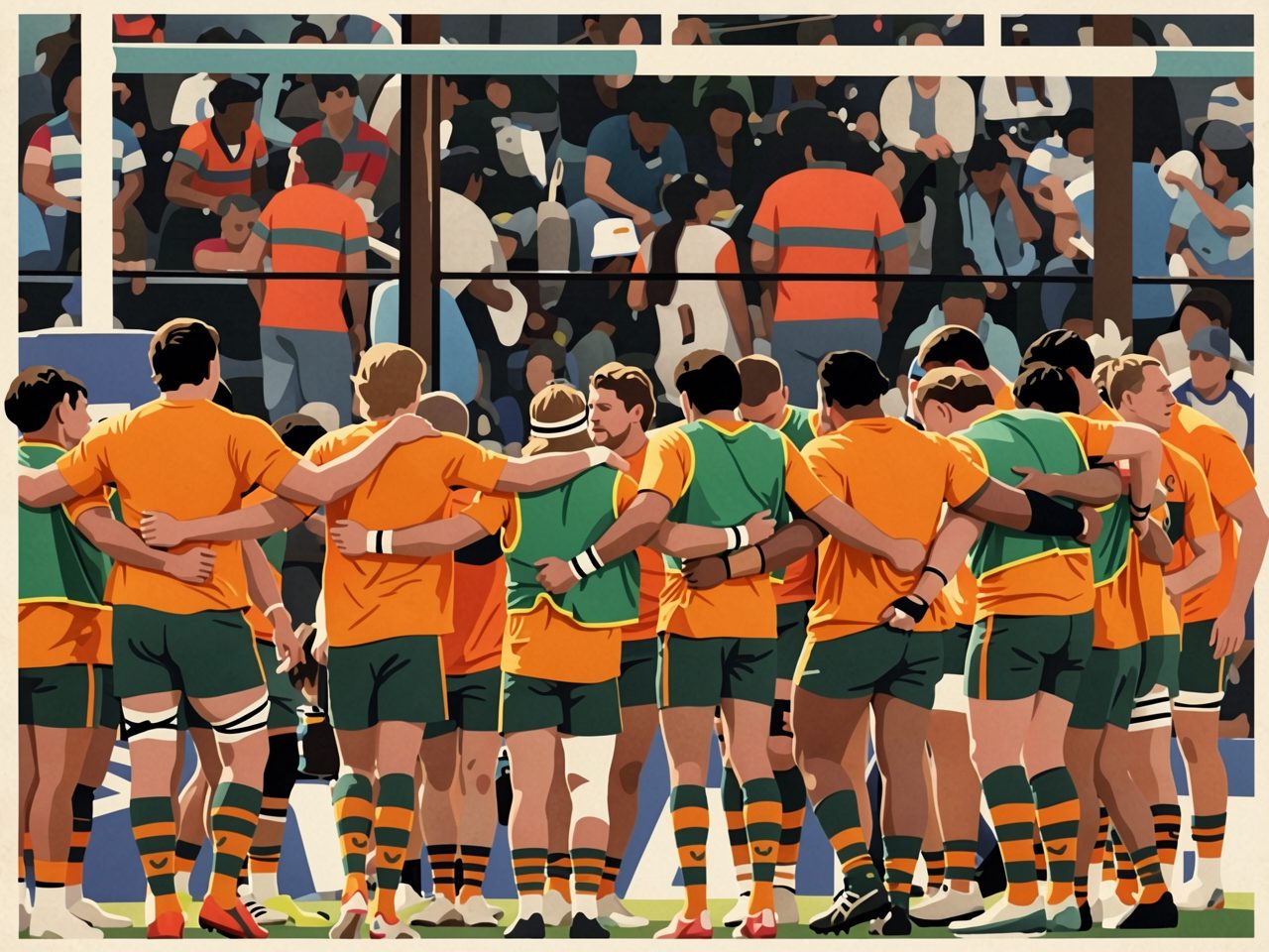 Rugby players in orange and green shirts stand shoulder to shoulder on the pitch before the stands