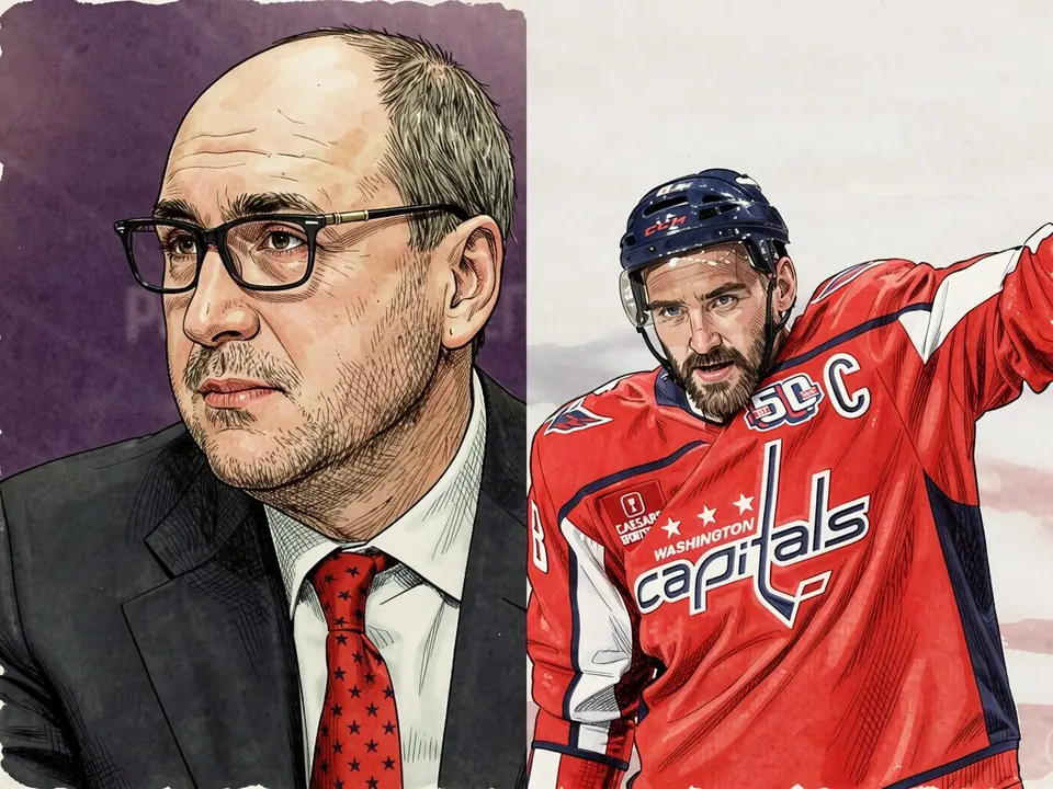 Jim Rattray im Anzug und ein Washington Capitals-Spieler in rotem Trikot mit Kapitän-C