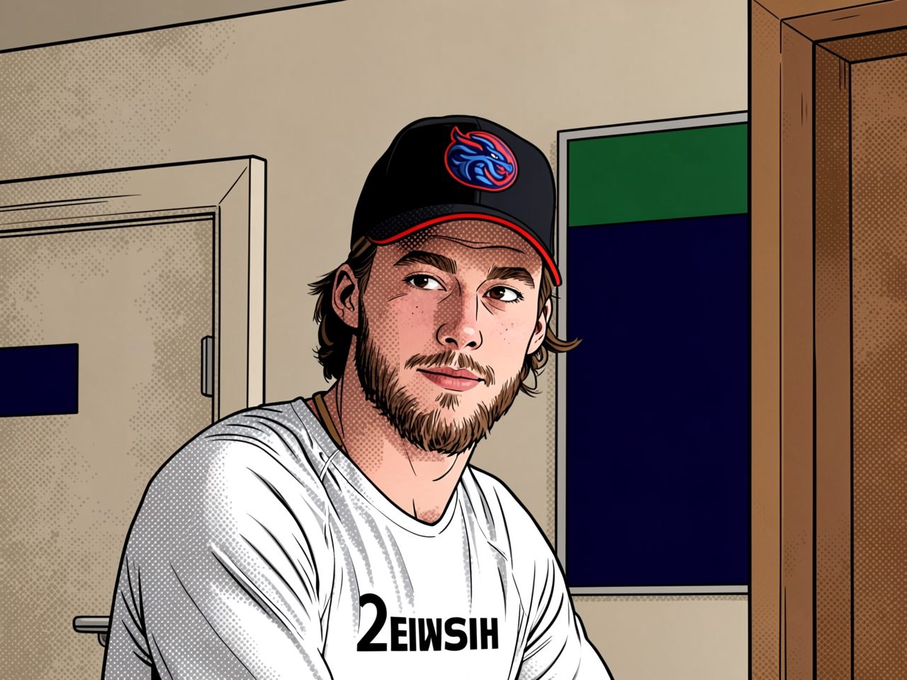 A man in a white shirt and black cap with a dragon logo sits indoors.