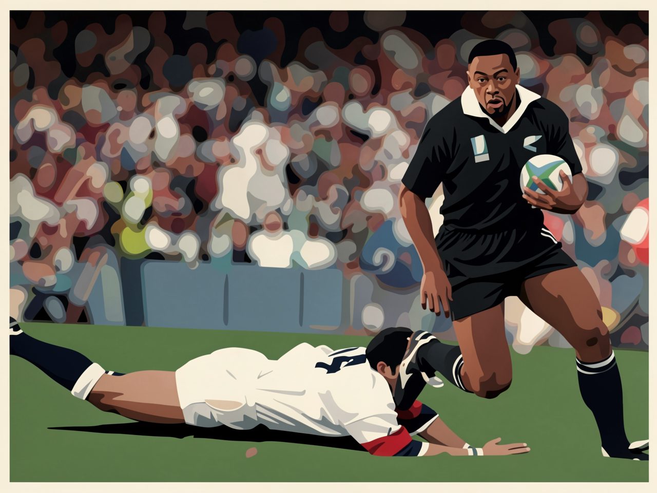 A rugby player in black runs with the ball past a fallen opponent in white