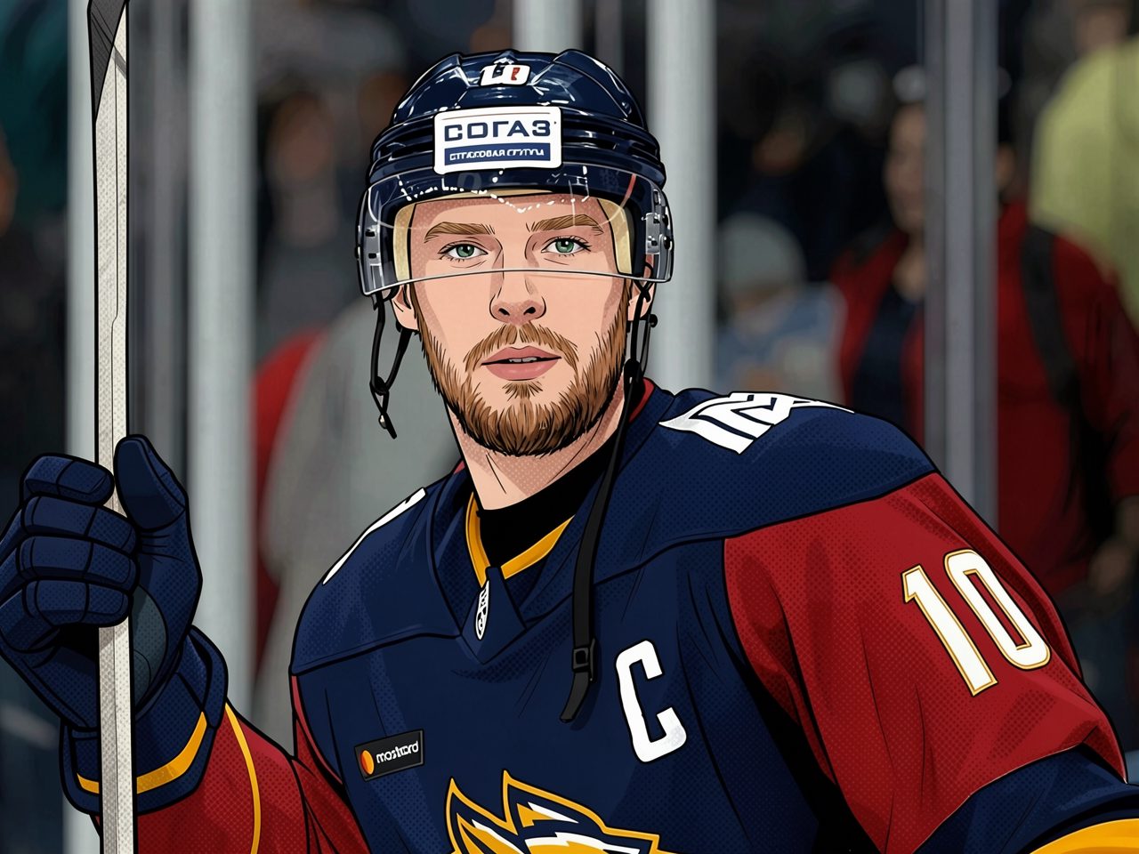 Hockey player in blue with letter C and number 10 holds a stick at the boards
