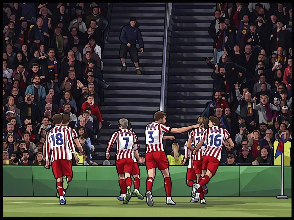Athletic Bilbao players in red and white striped shirts celebrate goals by Nico Williams, Robert Navarro and Oihan Sanchet on the pitch