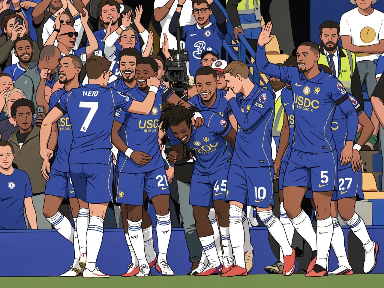 Chelsea players in blue kits celebrate a goal on the pitch in front of the stands
