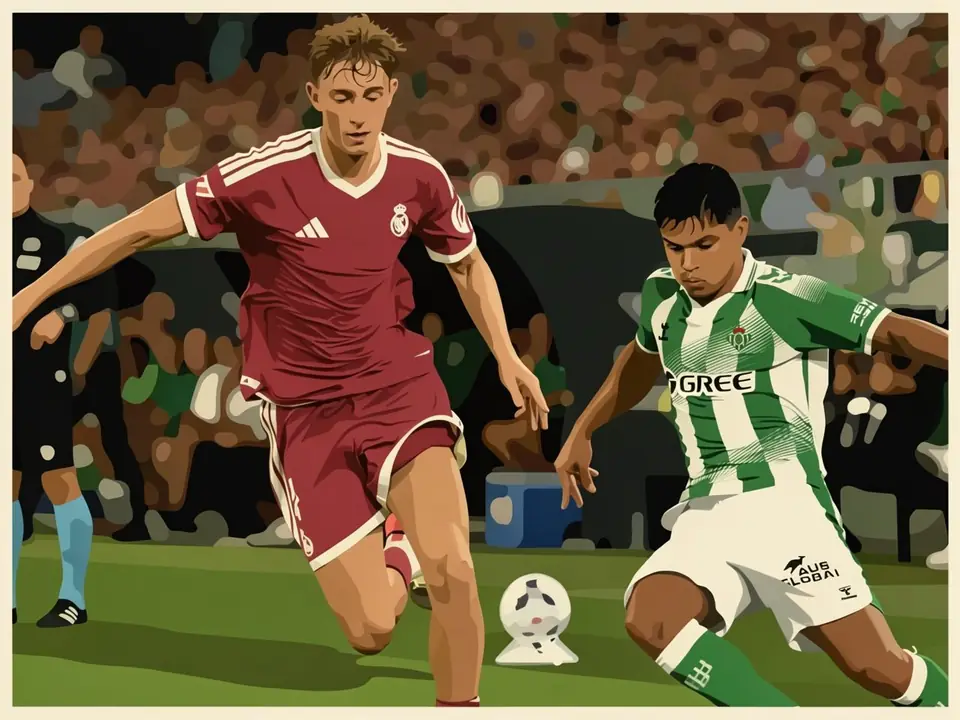 Real Madrid player in burgundy kit battles for the ball with a Real Betis player in green and white striped shirt at the stadium