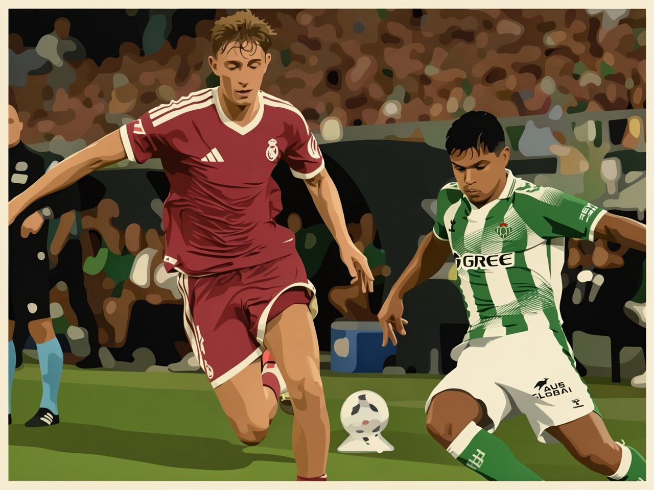 A Real Madrid player in red runs for the ball while an opponent in green and white stripes challenges