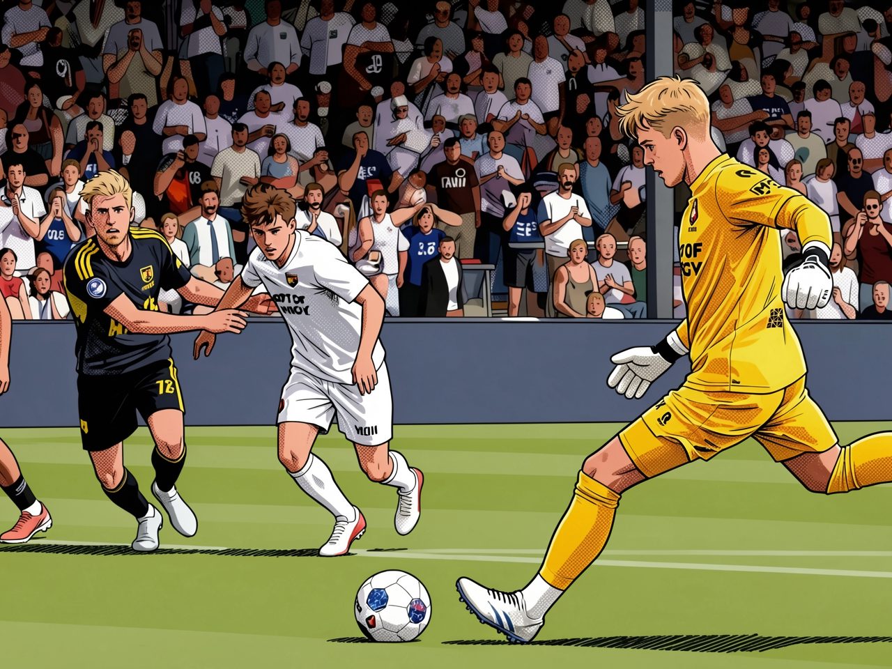 A goalkeeper in yellow runs toward the ball while two players chase him on the pitch