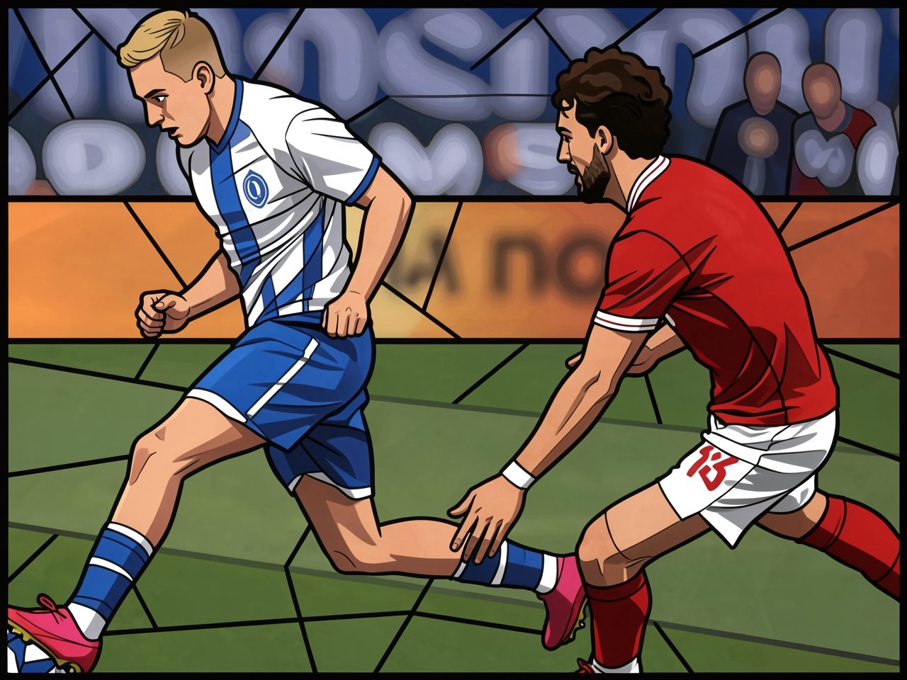 A player in blue pulls a red-shirted opponent by the leg