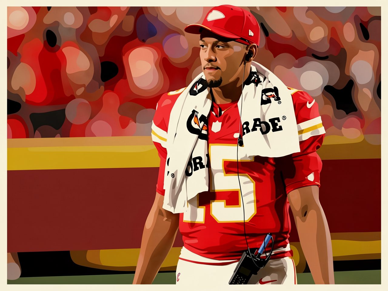 Player in red jersey number 15 stands with a towel over his shoulders