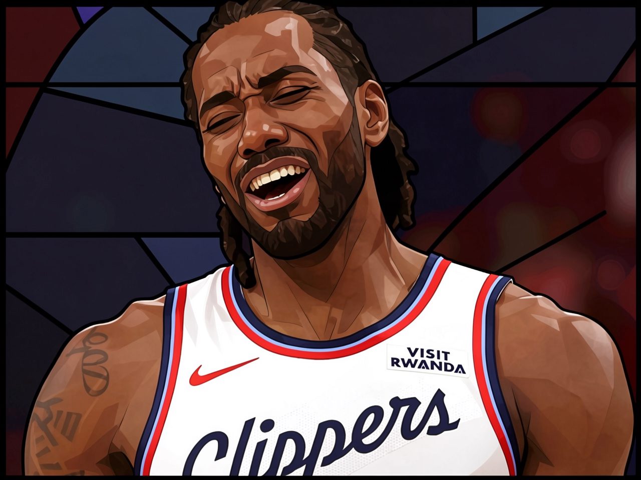 A basketball player in a white Clippers jersey with 'Visit Rwanda' text smiles broadly with eyes closed
