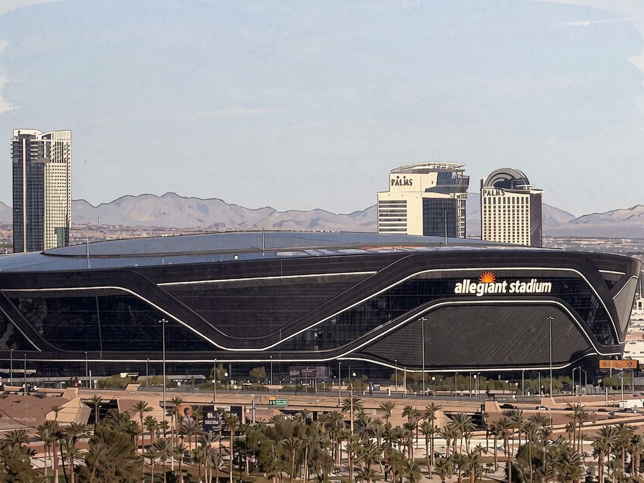 Allegiant Stadium with a black roof and facade sign, surrounded by palm trees and Palms hotel towers