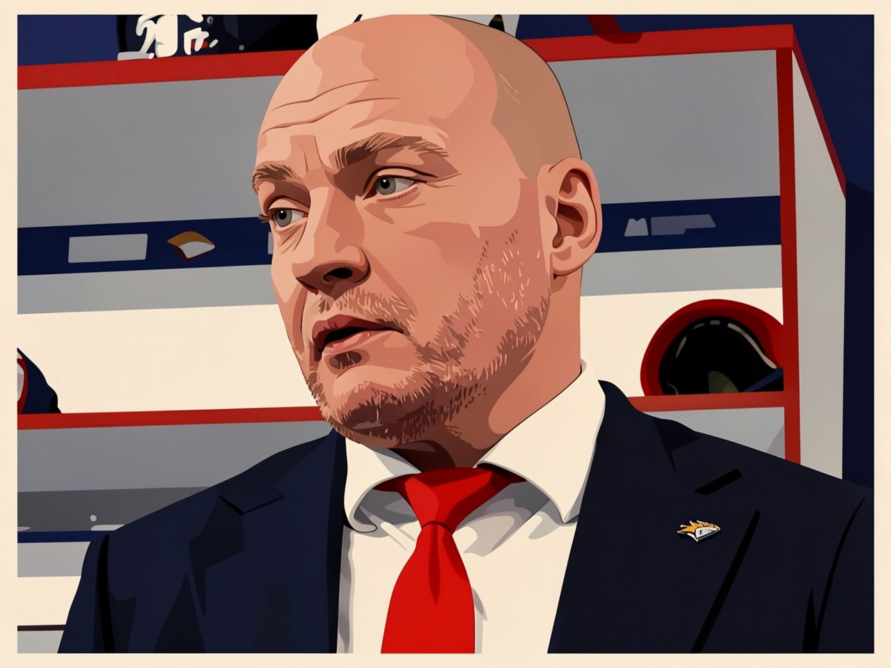 A bald coach in a blue suit and red tie stands in the locker room