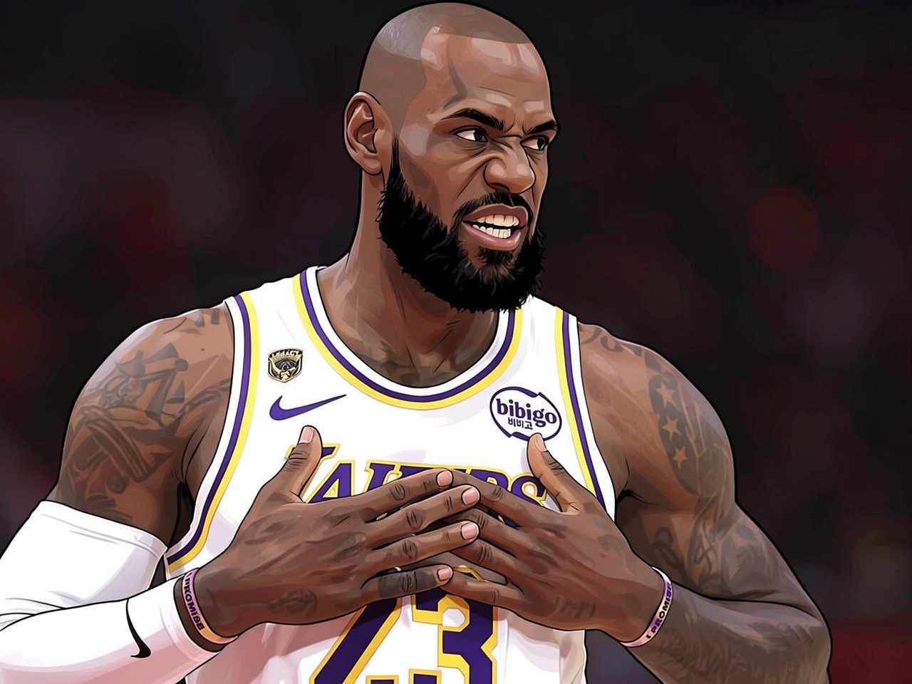 Basketball player in white Lakers jersey number 23 crosses his arms on his chest