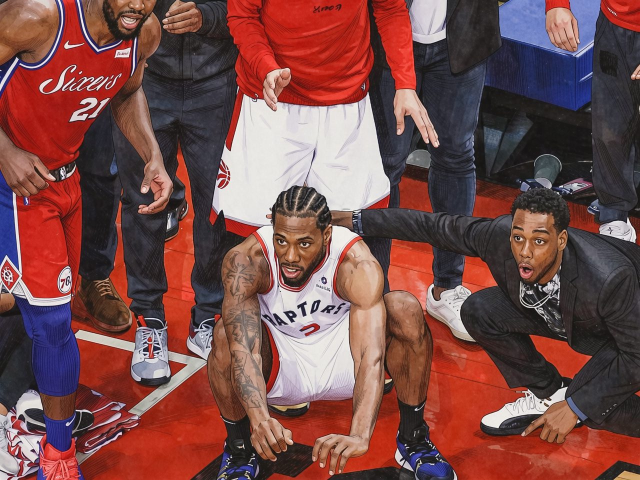 Kawhi Leonard in Raptors kit sits on the court while Markieff Morris in a suit points at him