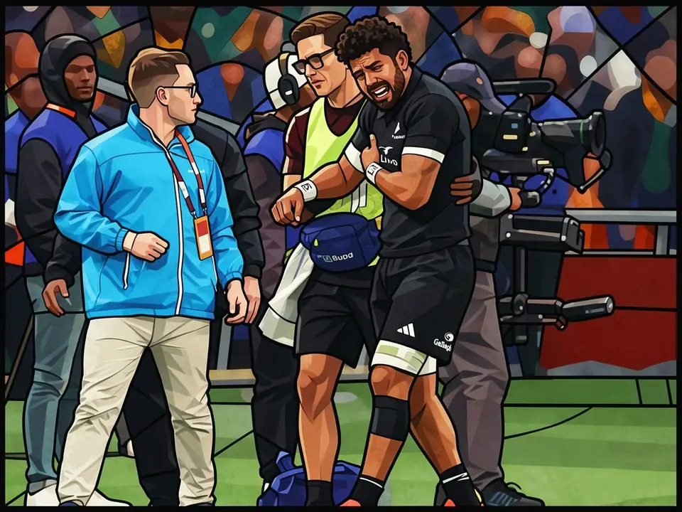 All Blacks captain Ardie Savea leaves the pitch in Baltimore with a shoulder injury, supported by medical staff