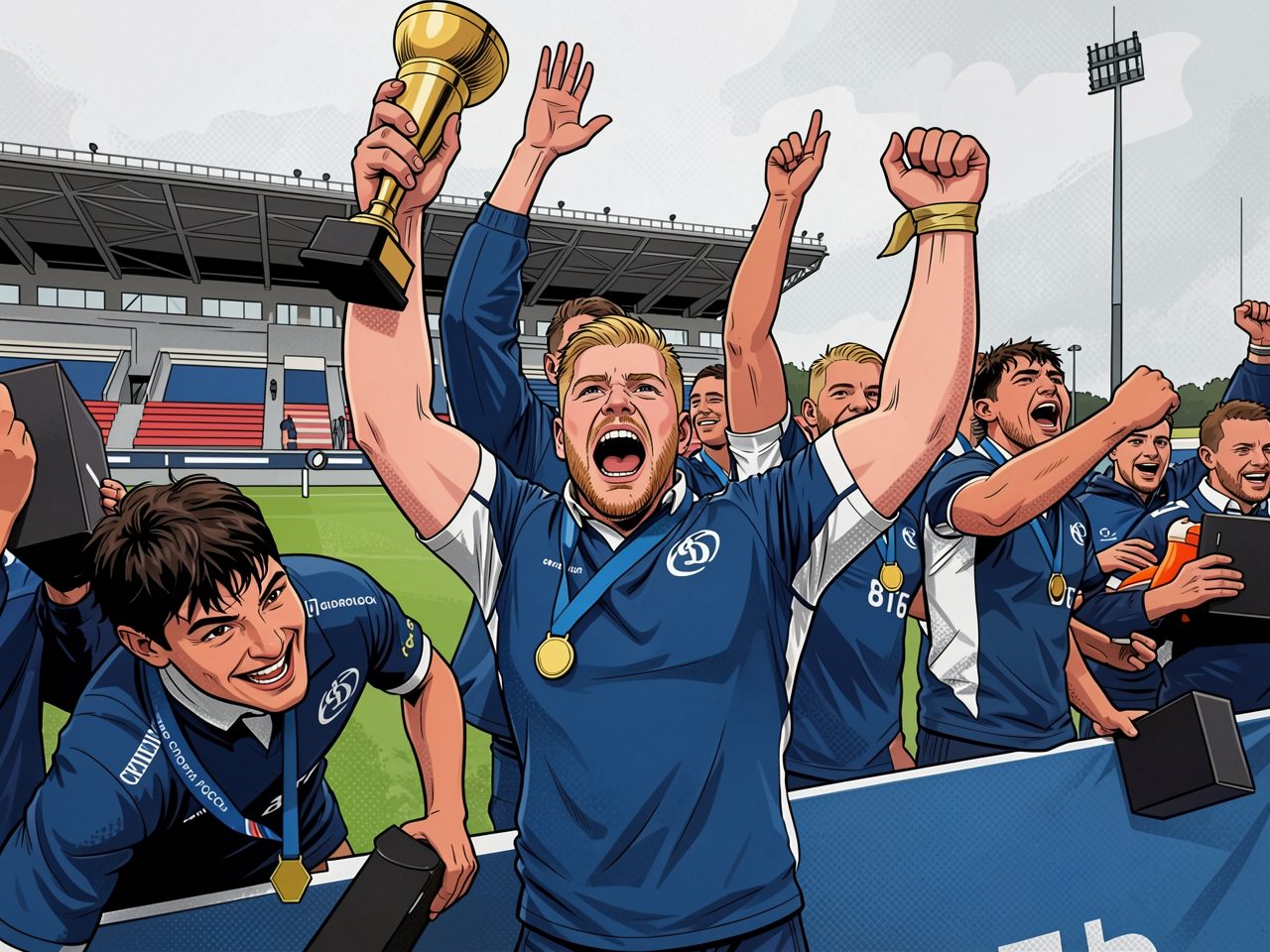 Rugby players in blue jerseys celebrate a win, captain raises a golden trophy above his head