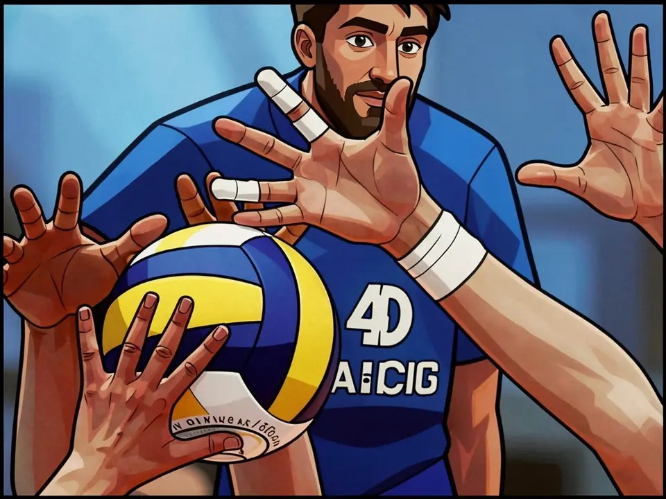 Volleyball player in blue 4D AI CIG jersey catches ball at Euro 2026 final