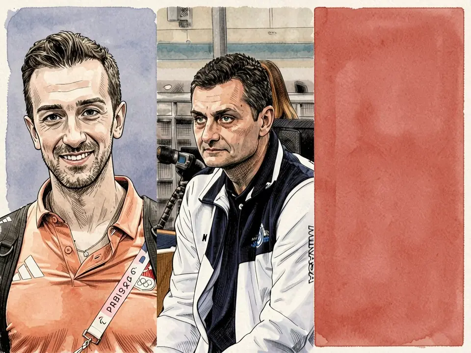 Ustundag in orange Olympic accreditation shirt and Terzic in white jacket at a press conference
