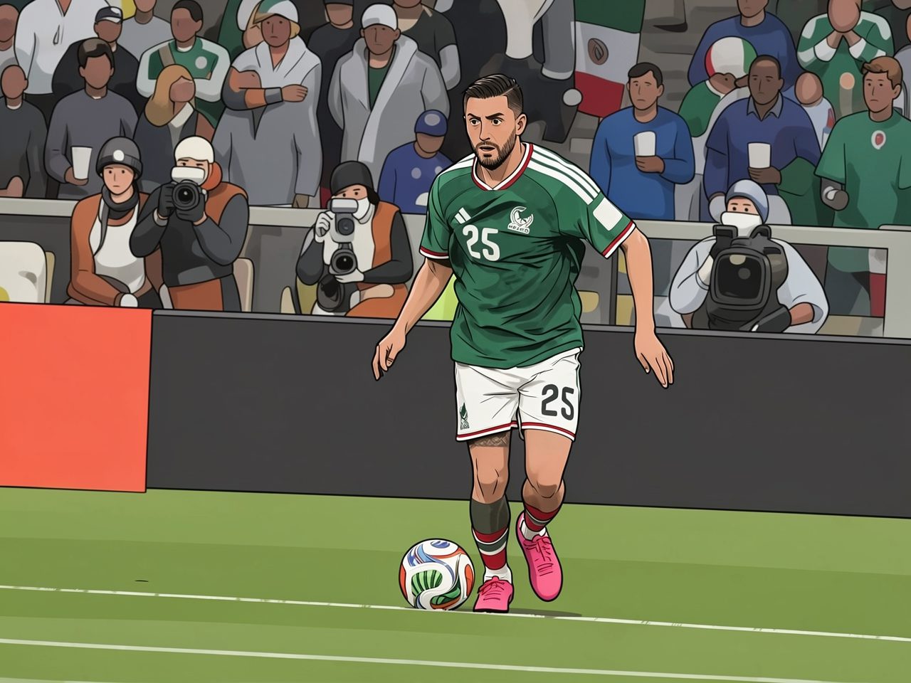 A footballer in green kit number 25 dribbles the ball on the pitch in front of the stands