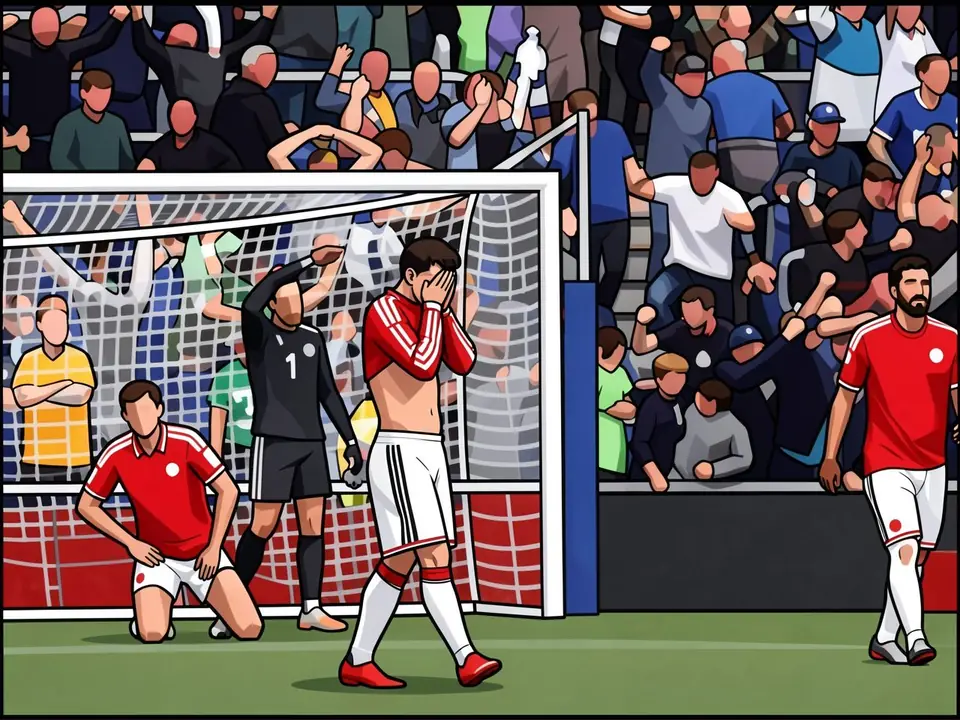 Manchester United players in red shirts and white shorts look dejected after conceding a late goal from Everton's Maitland-Niles