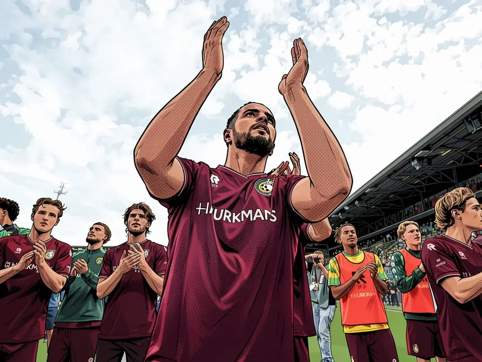 Fortuna midfielder in maroon «HURKMANS» shirt applauds the stands after the match against ADO Den Haag