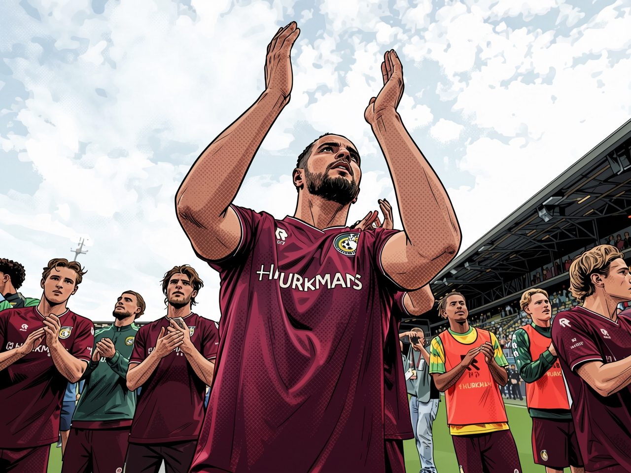 Footballer in maroon Hurkmans shirt raises arms to sky while teammates applaud on the pitch