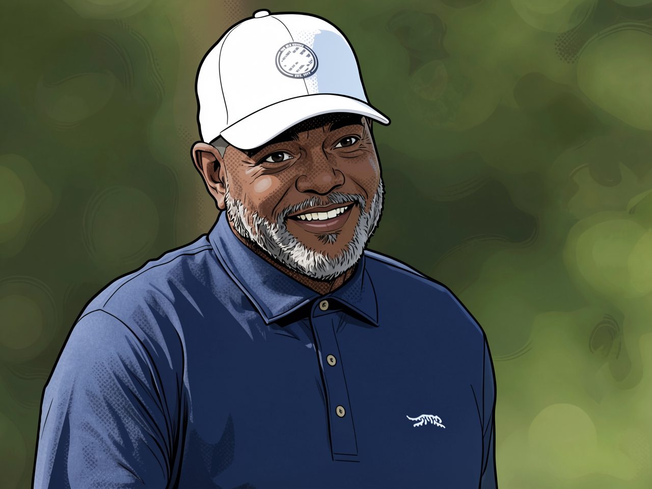 A man in a white cap and blue shirt with a tiger logo smiles against a green background