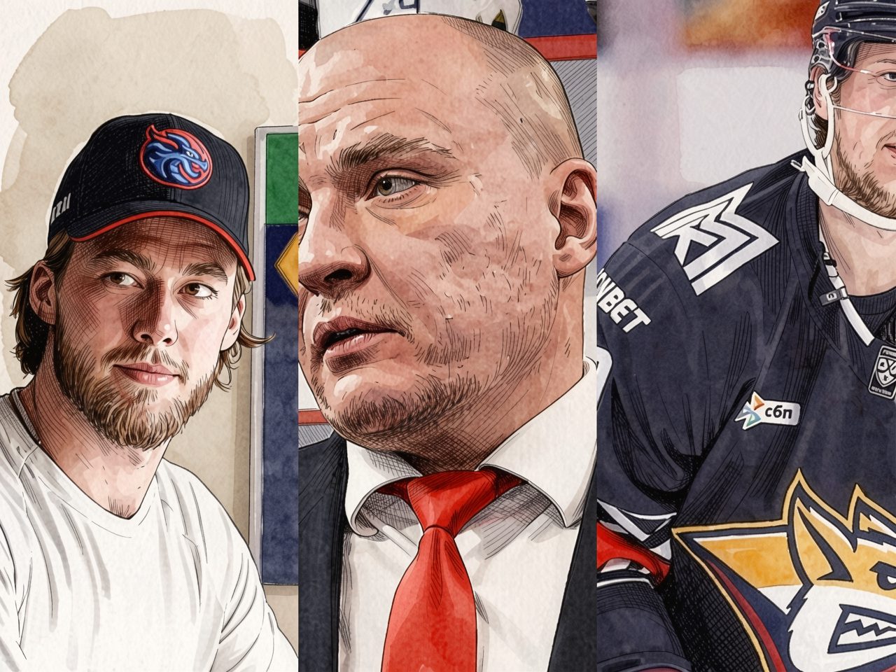 Three portraits: left hockey player in cap with dragon logo, center coach in suit with red tie, right player in jersey with team emblem