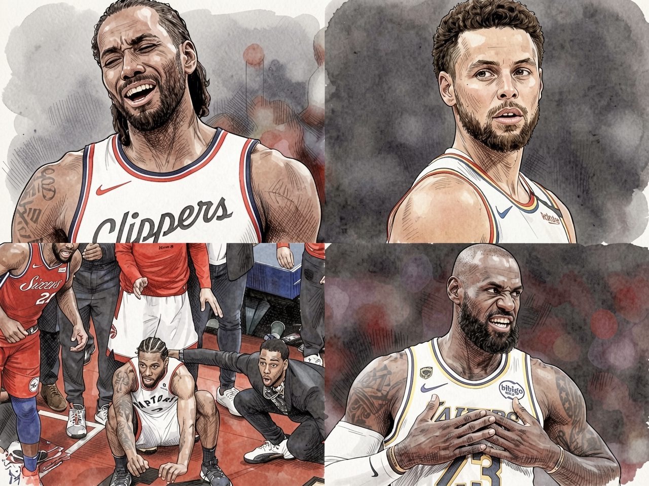 Four basketball players: Kawhi Leonard in Clippers jersey laughs, Stephen Curry in Warriors jersey looks aside, LeBron James in Lakers jersey clasps hands