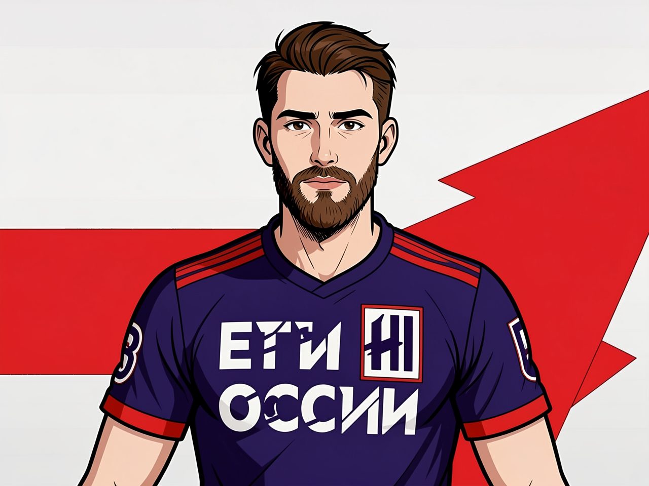 A man in a blue rugby jersey with «EGI RUSSIA» text stands before a red and white background