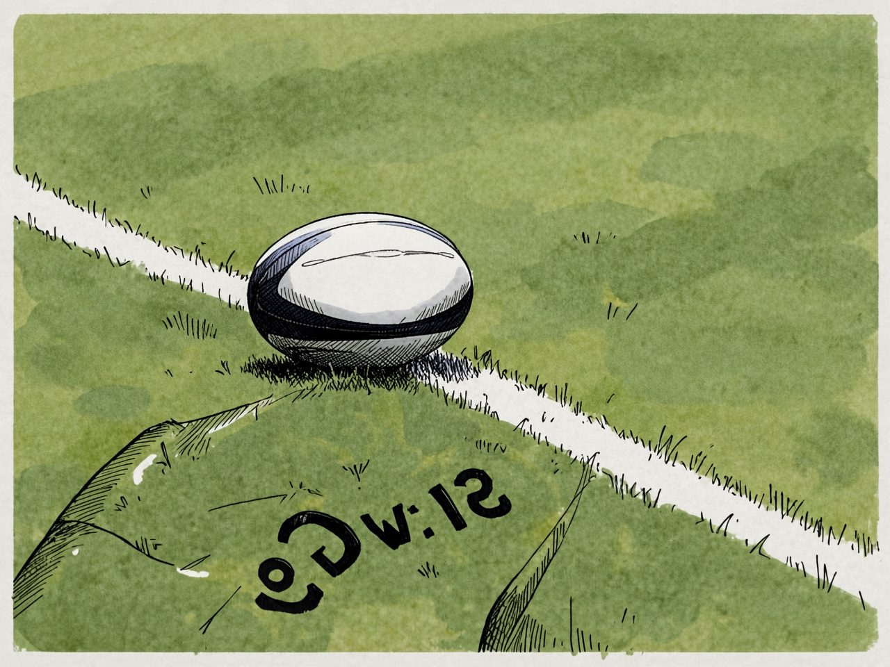 A rugby ball lies on the grass near a white field line