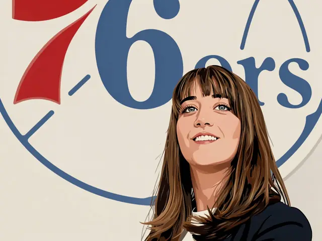 Женщина с каштановыми волосами и челкой улыбается перед логотипом 76ers