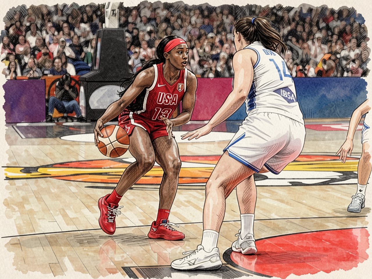 USA player in red dribbles the ball while being guarded by an opponent in white on the court