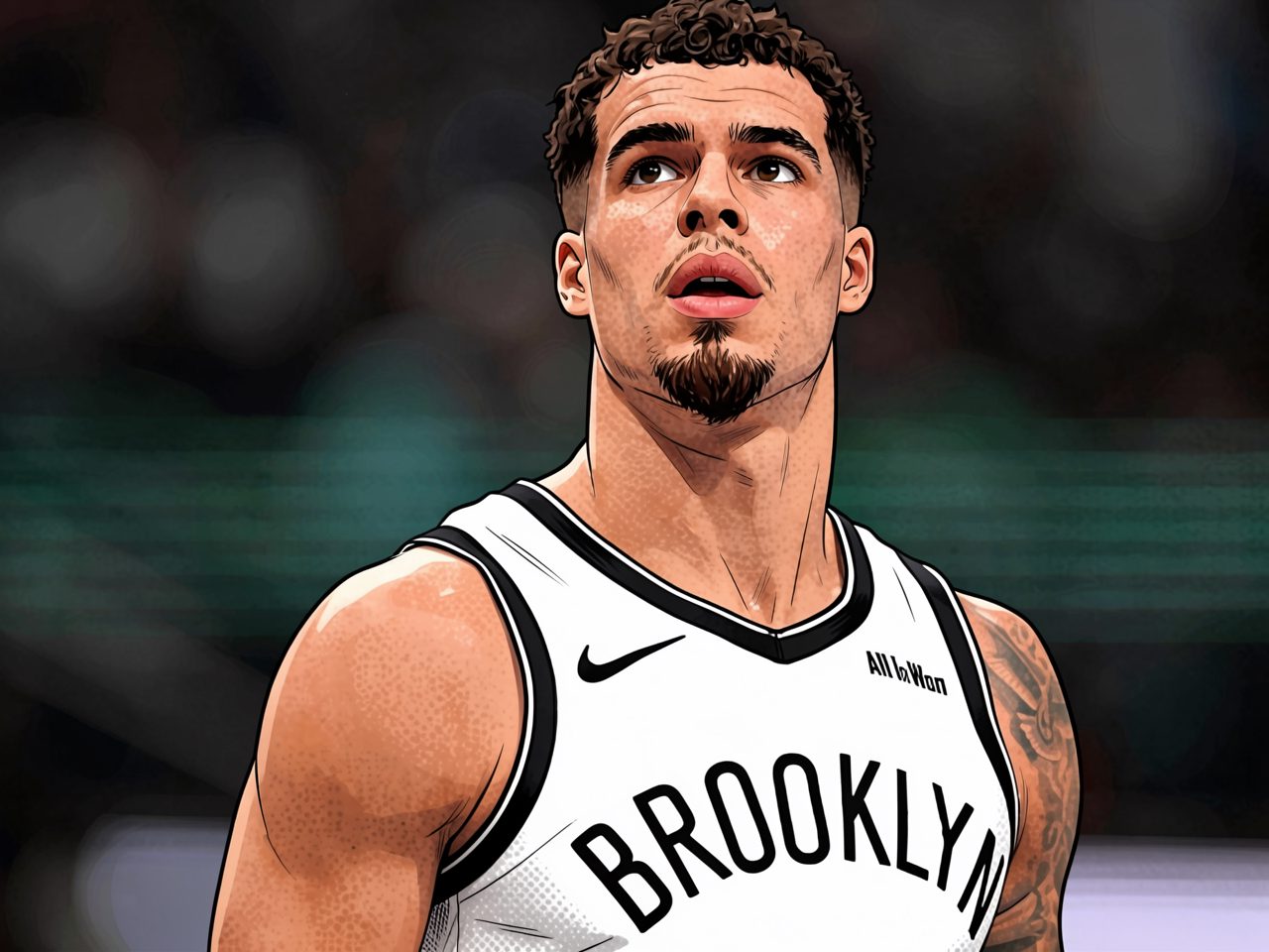Basketball player in white Brooklyn jersey looks up