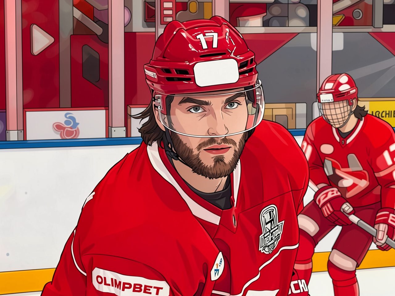 A hockey player in red with number 17 on his helmet stands on the ice, Metallurg logo on his chest