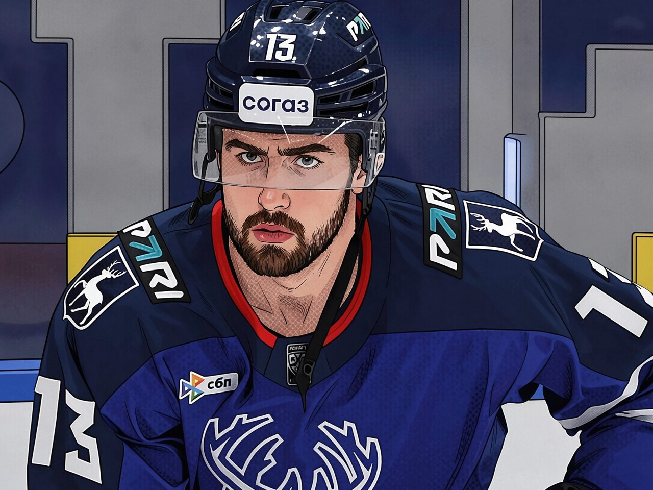 Hockey player in blue jersey number 13 with helmet looks straight