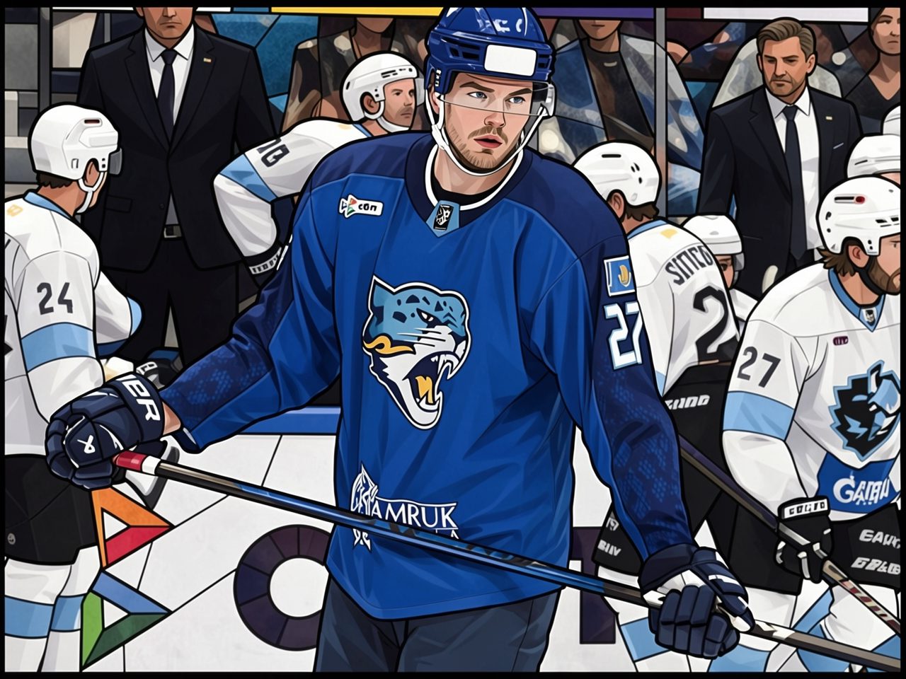 A hockey player in blue with a panther logo stands with a stick on the ice among teammates and coaches
