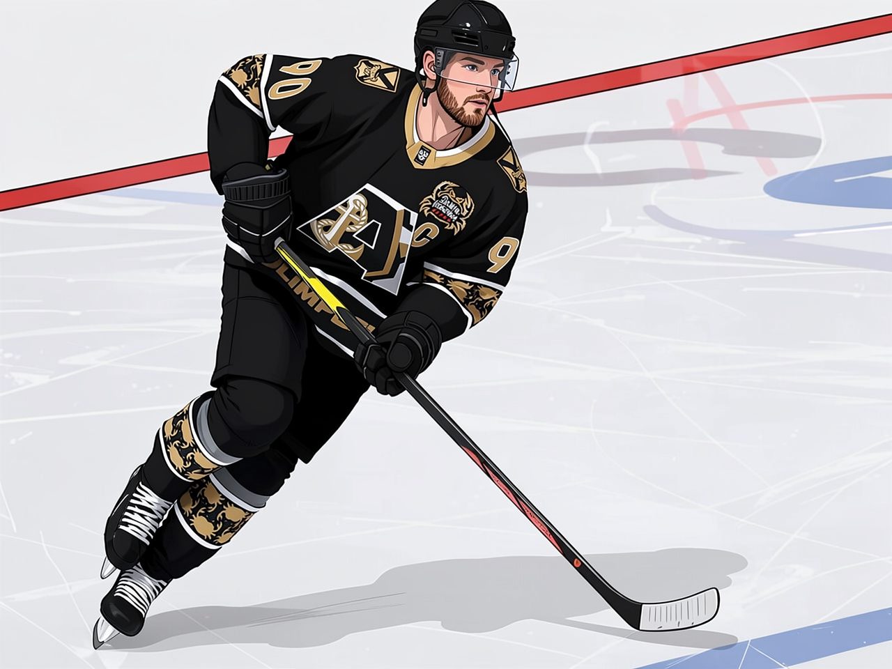 Hockey player in black and gold uniform number 99 skates on ice with stick